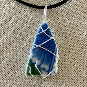 Wire Wrapped Beach Pottery Pendant Necklace